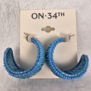 On 34th Bright Blue Seed Bead & Raffia C-Hoop Earrings Post Back